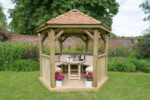 3m Premium Hexagonal Wooden Garden Gazebo with Cedar Roof – Furnished (Cream)