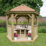 3m Premium Hexagonal Wooden Garden Gazebo with Cedar Roof – Furnished (Cream)