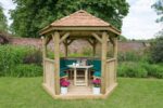 3m Premium Hexagonal Wooden Garden Gazebo with Cedar Roof – Furnished (Green)