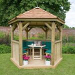 3m Premium Hexagonal Wooden Garden Gazebo with Cedar Roof – Furnished (Green)