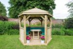 3m Premium Hexagonal Wooden Garden Gazebo with Timber Roof – Furnished (Green)